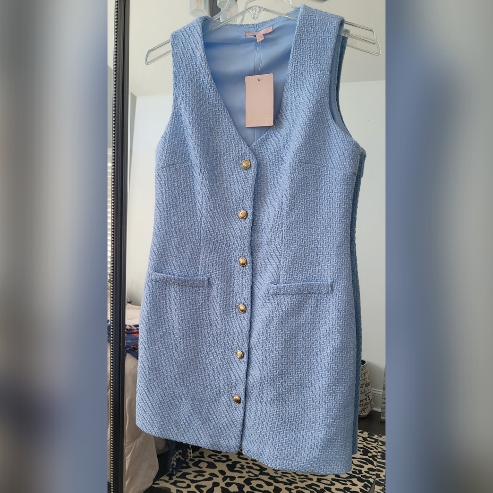 BeBop Light Blue Sleeveless Tweed Shift Dress with Gold Buttons